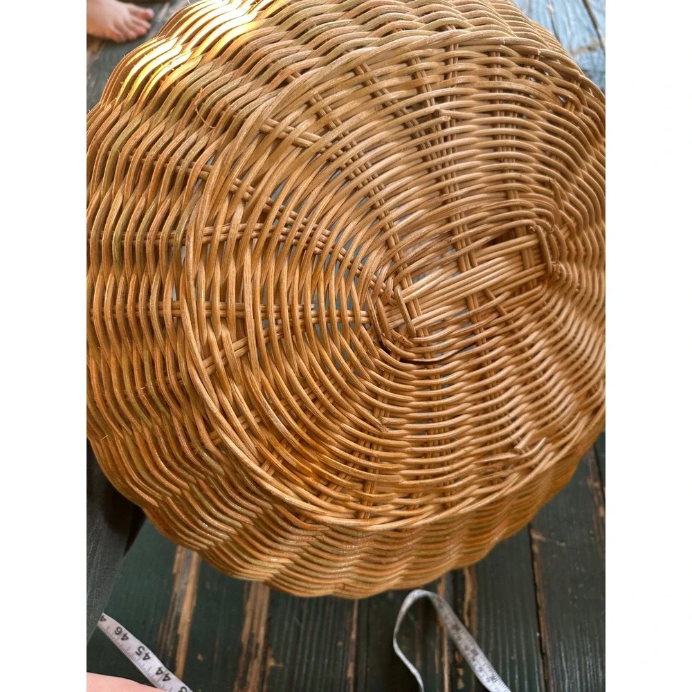 Vintage Wicker Market Basket Round Handwoven Rattan Boho Farmhouse Decor Handle